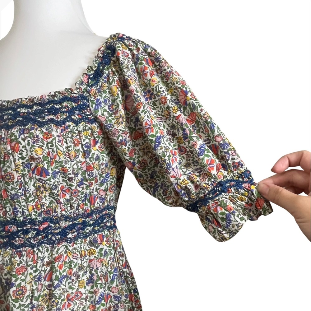 Doen Eclipse Floral Dress Womens XS Square Neck Puff Sleeve Smocked Midi Hemmed - Picture 6 of 7
